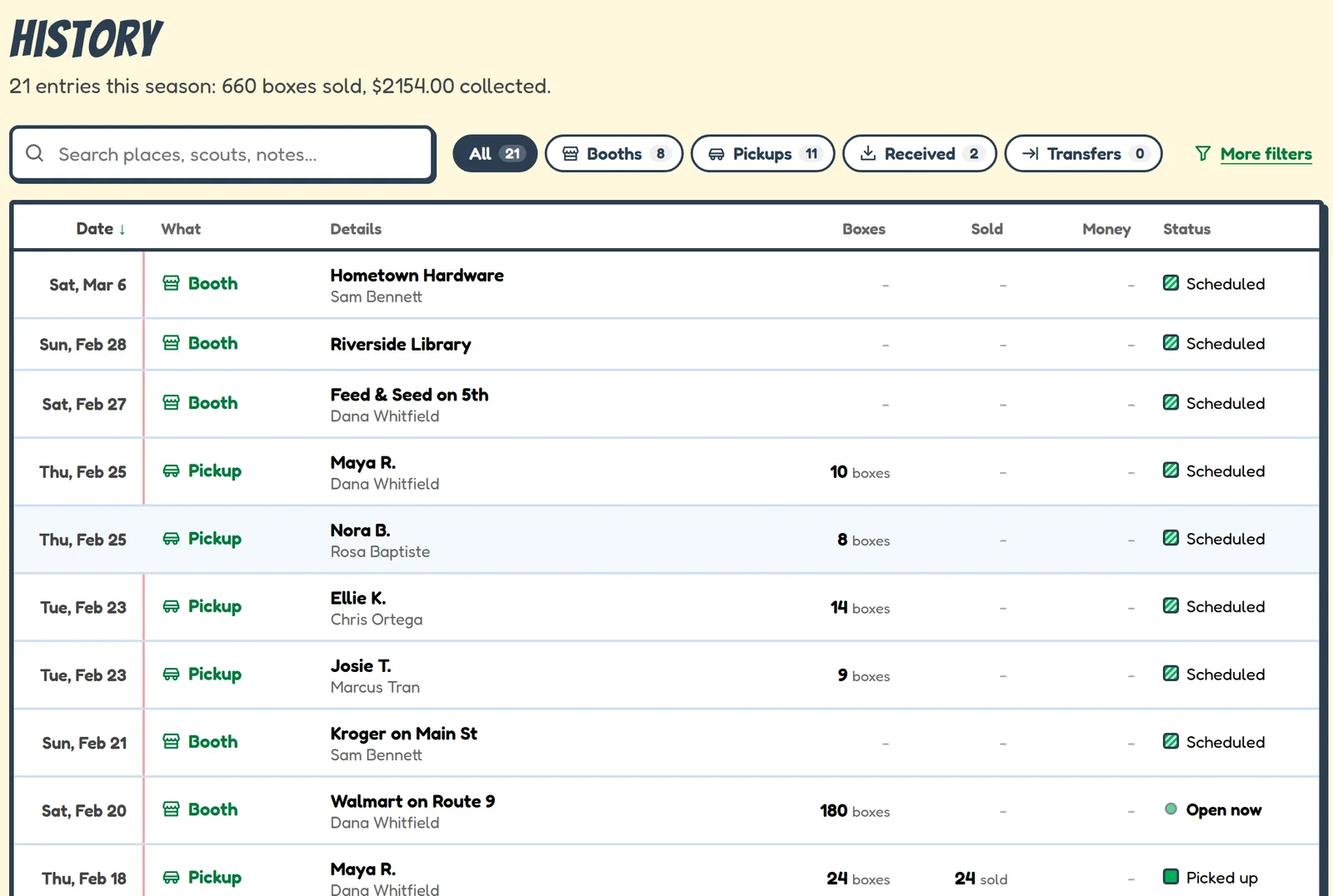 The History page: every booth, pickup and delivery this season, with search, filters and totals.