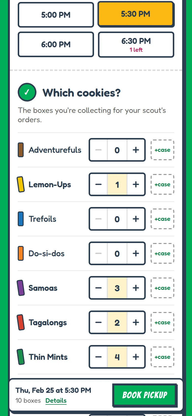 The pickup page on a phone: a 5:30 PM time picked, boxes added for each cookie, and the ticket docked at the bottom with a Book pickup button.